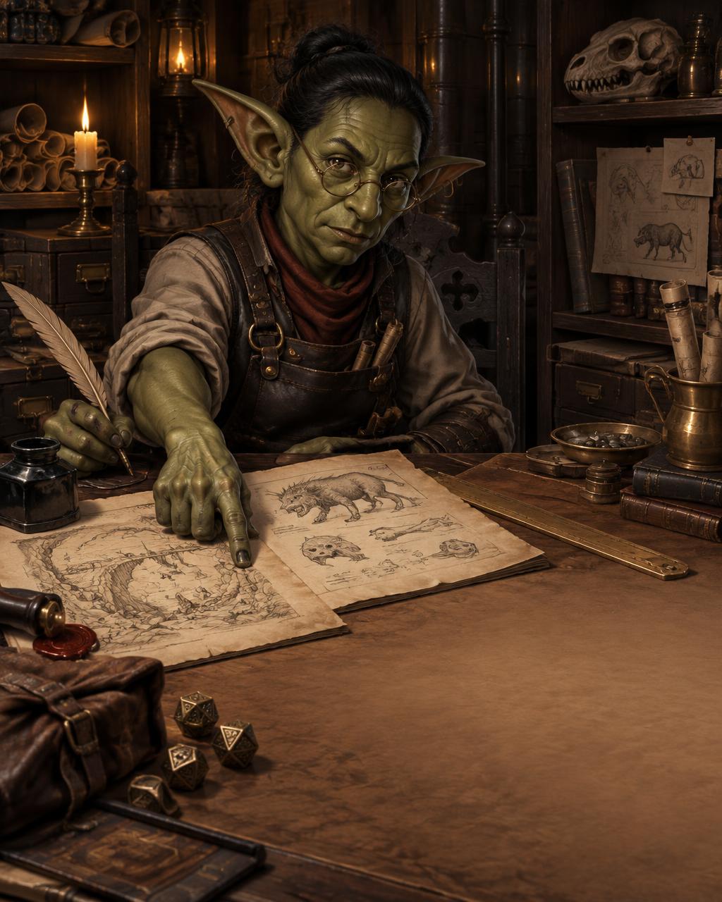 A clever goblin archivist points to adventure notes across a candlelit writing desk